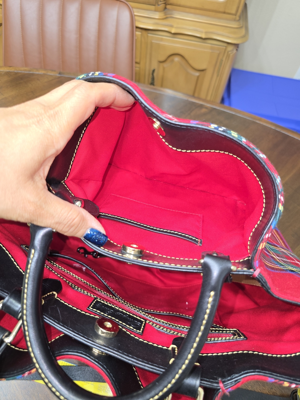 Dooney & Bourke Red Plaid Tote Bag with Black Trim - Picture 9 of 12